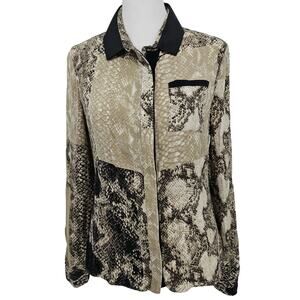 Elie Tahari Womans XS Animal Print Silk Blend Snap Front Top Blouse Long Sleeve
